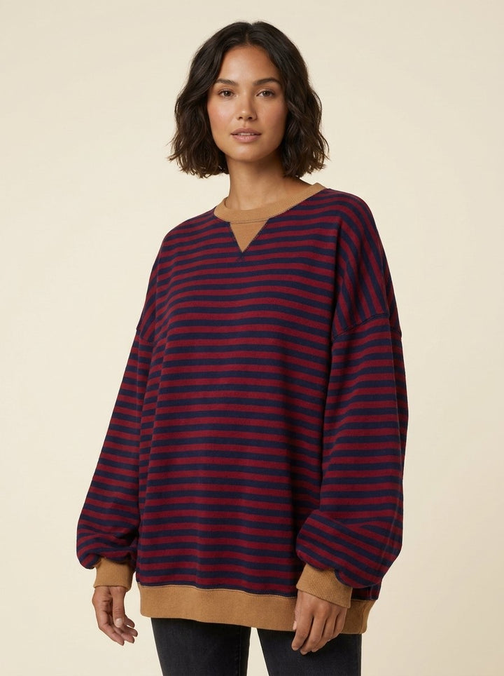 Dorie striped sweater navy red on model