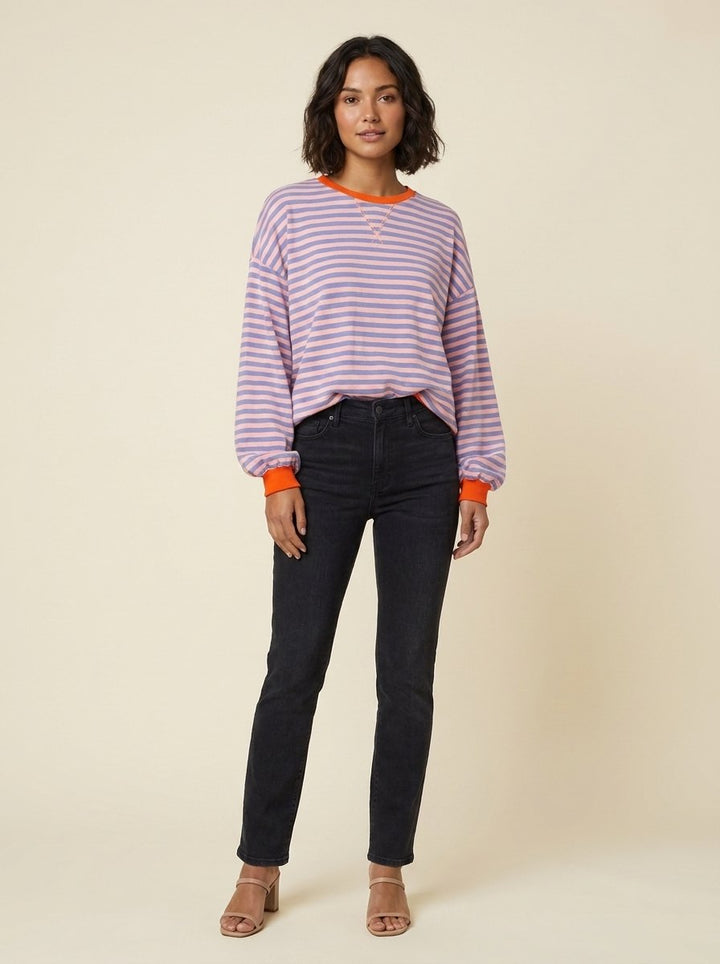 Dorie striped sweater periwinkle pink on model