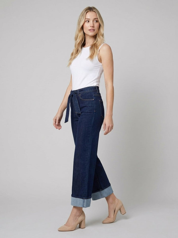 Double Blue wide leg jeans side angle on model