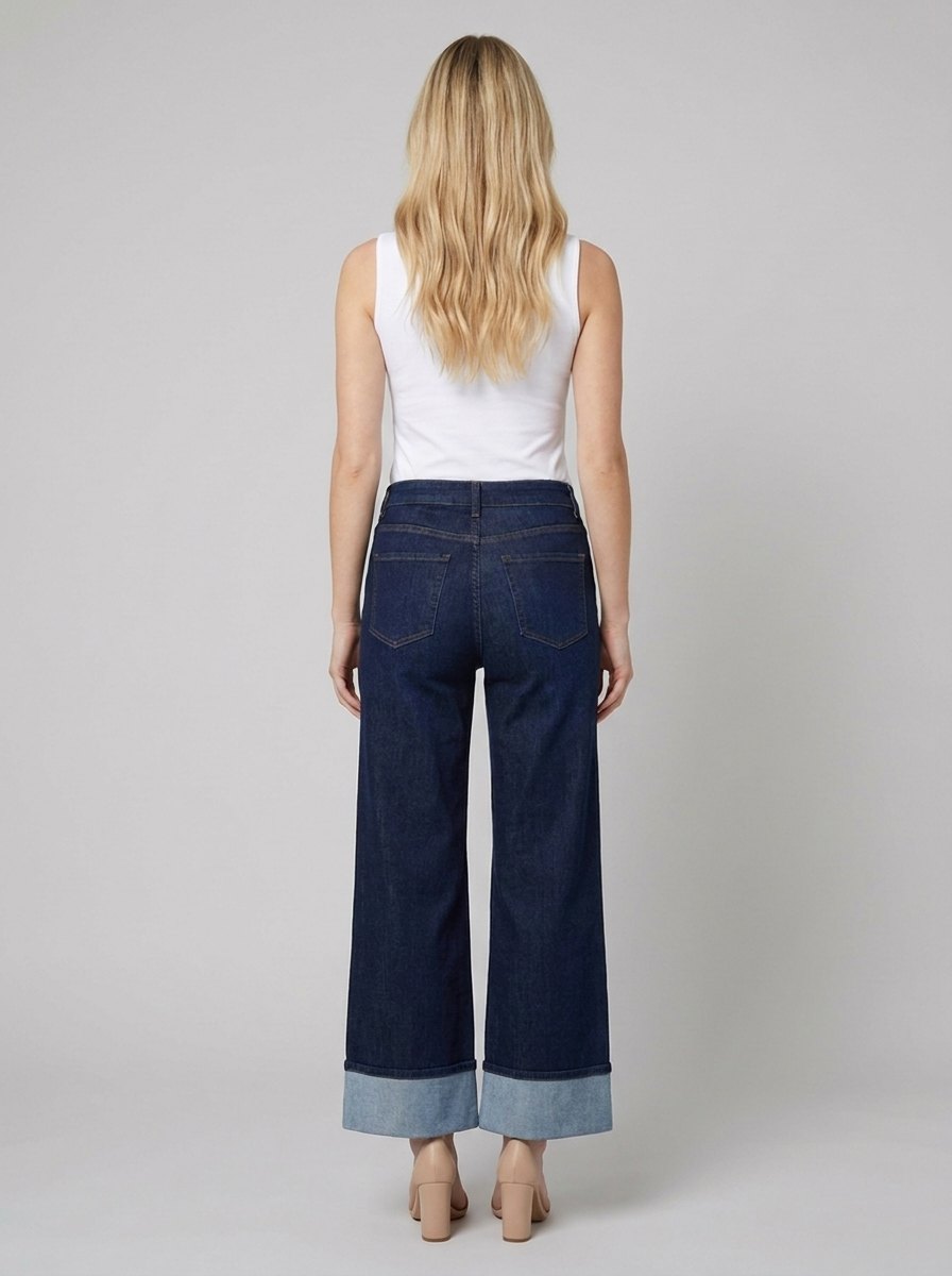 Double Blue wide leg jeans back on model