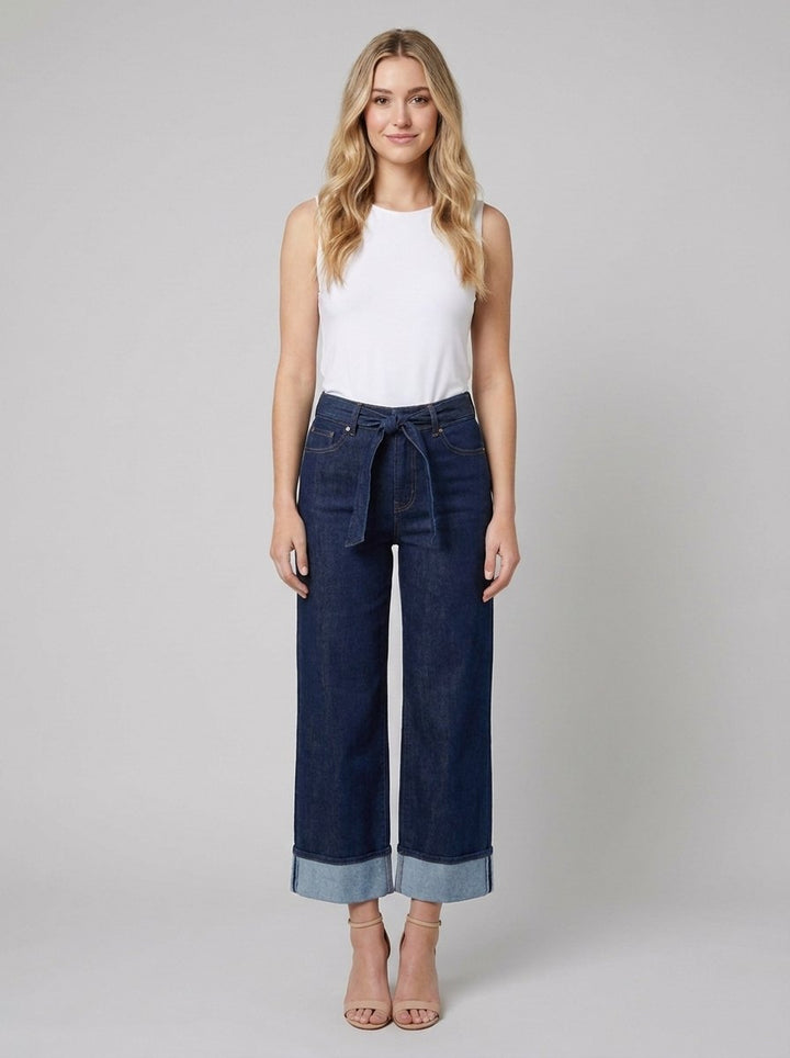 Double Blue wide leg jeans front on model