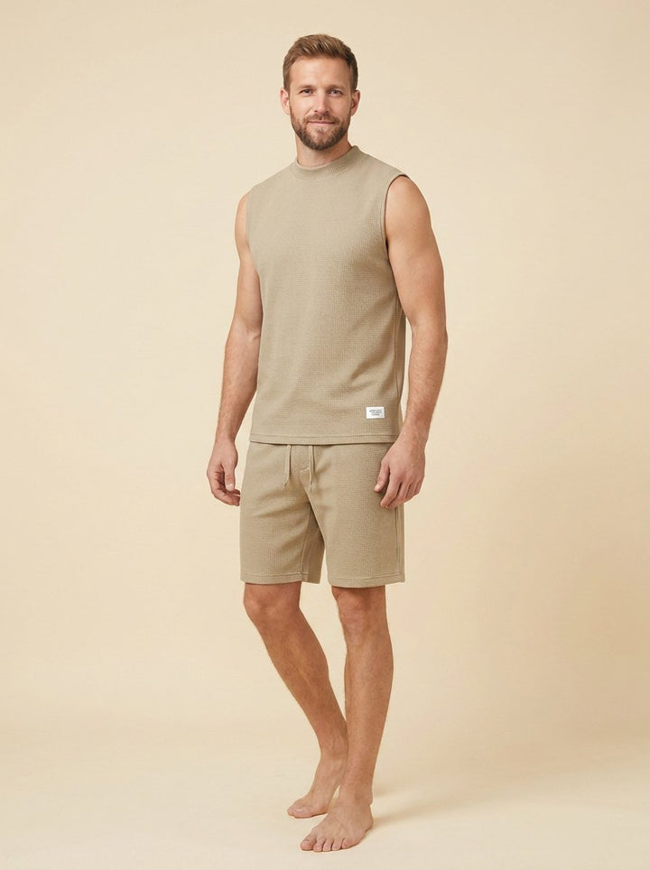 Echelon Lounge Set beige waffle-knit tank and shorts on male model