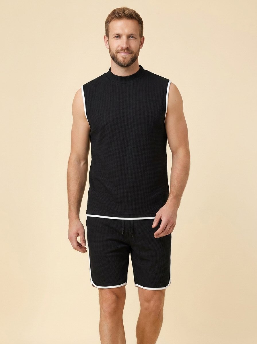 Echelon Lounge Set black waffle-knit tank and shorts on male model