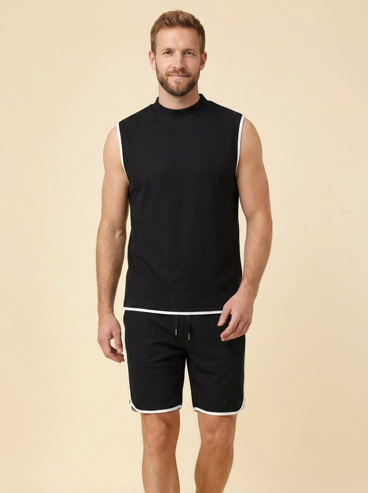Echelon Lounge Set black waffle-knit tank and shorts on male model