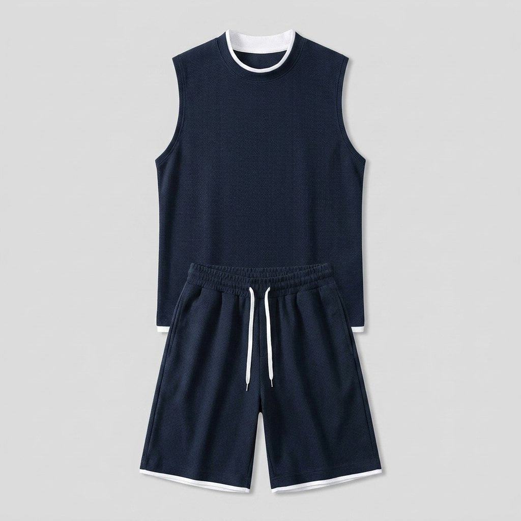 Echelon Lounge Set navy flat lay tank and shorts