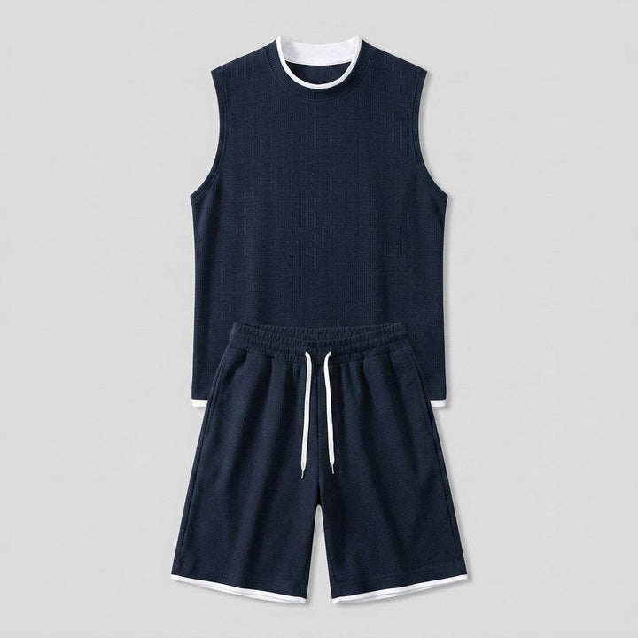 Echelon Lounge Set navy flat lay tank and shorts