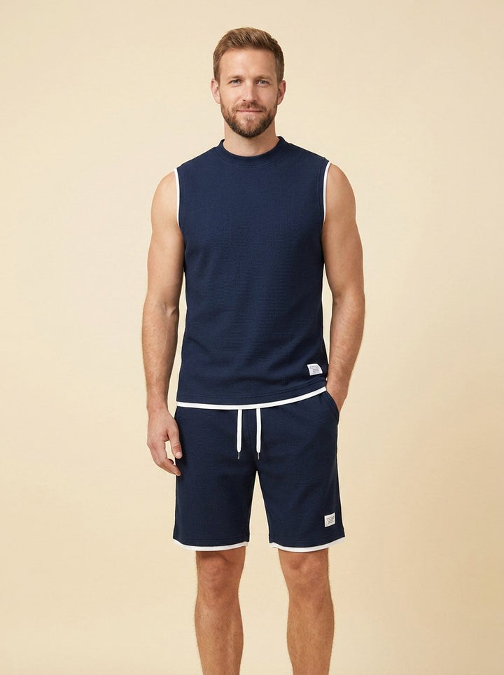 Echelon Lounge Set navy waffle-knit tank and shorts on male model