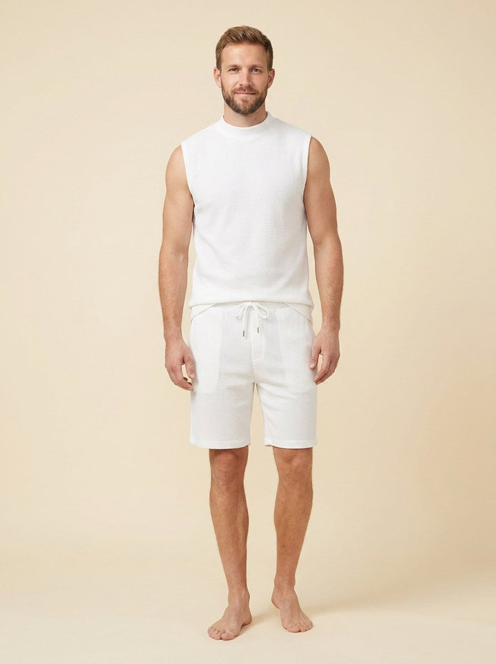 Echelon Lounge Set white waffle-knit tank and shorts on male model