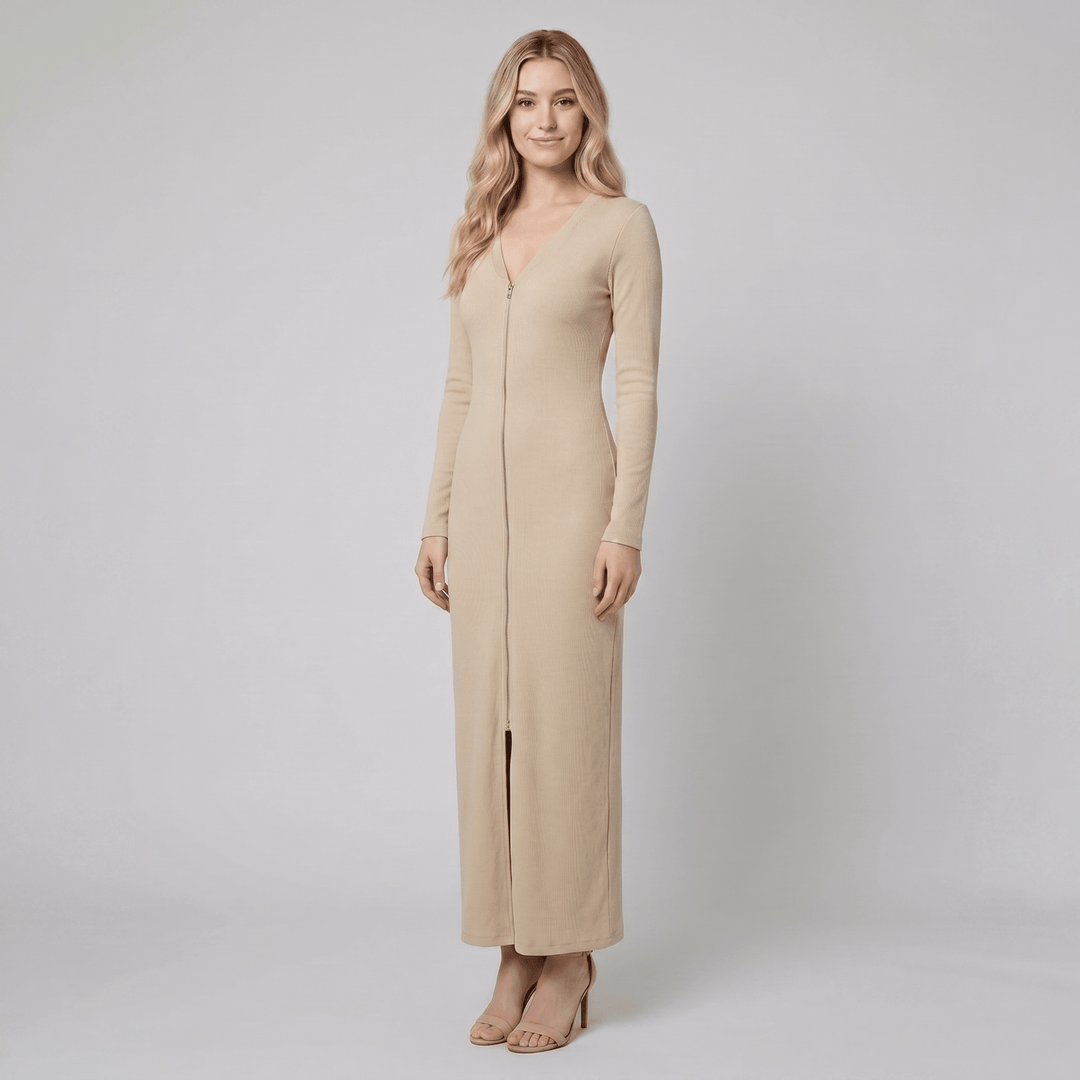 Beige sporty zip front maxi dress