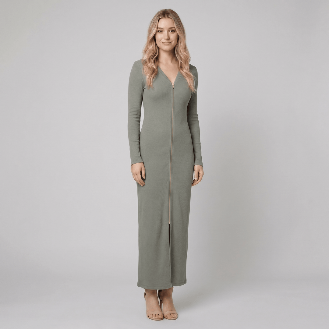 Gray green sporty zip front maxi dress