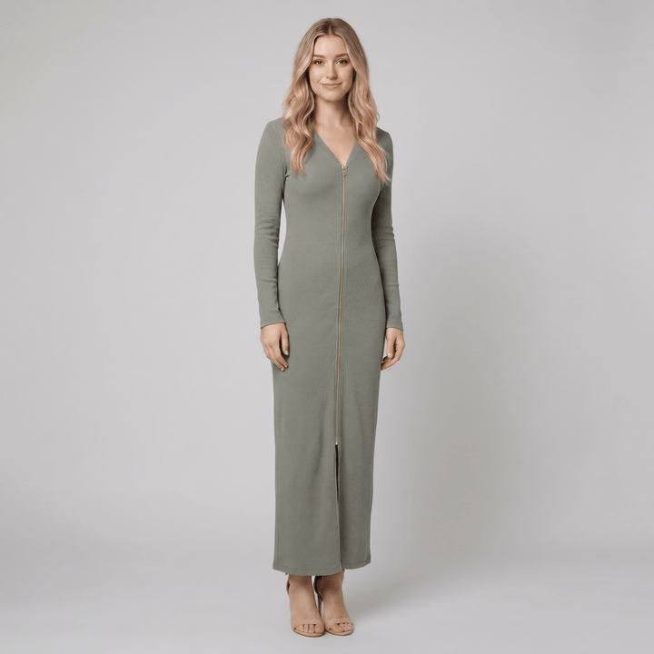 Gray green sporty zip front maxi dress