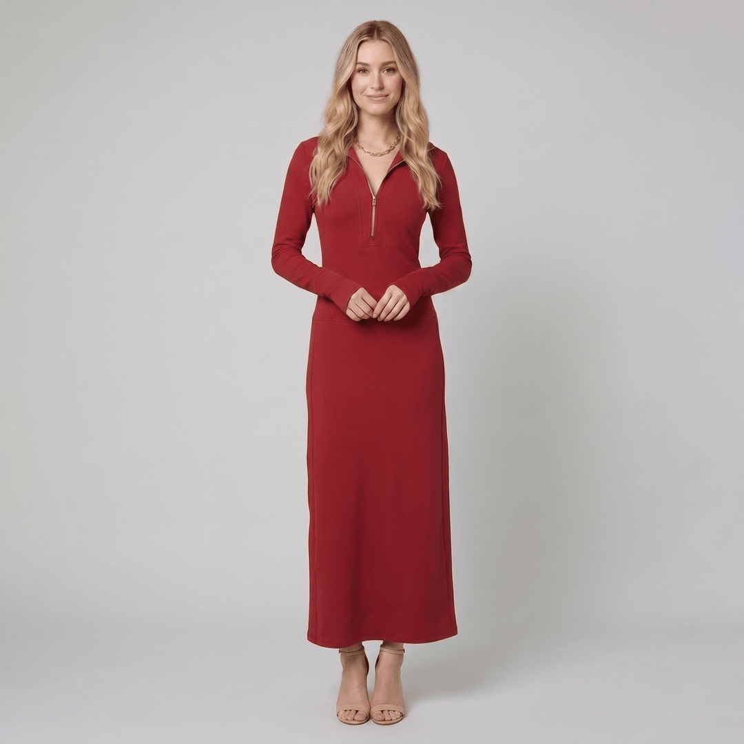 Red sporty zip front maxi dress