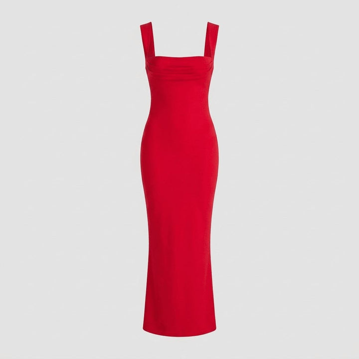 Red stretch crepe maxi dress laid flat, full garment