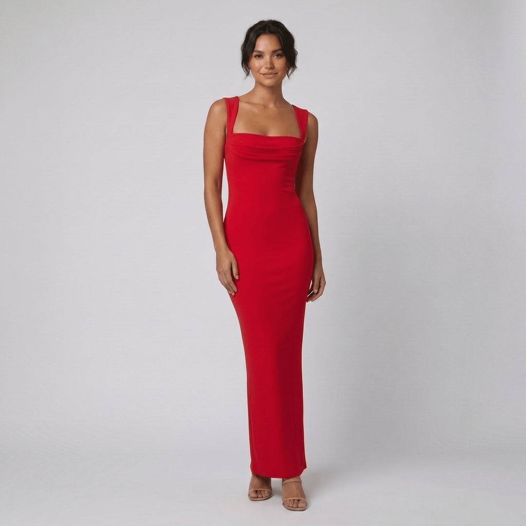 Red stretch crepe maxi dress with pleated square neckline, front view on model