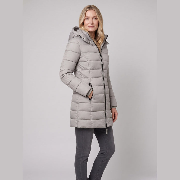 Elize lightweight puffer jacket in grey on model