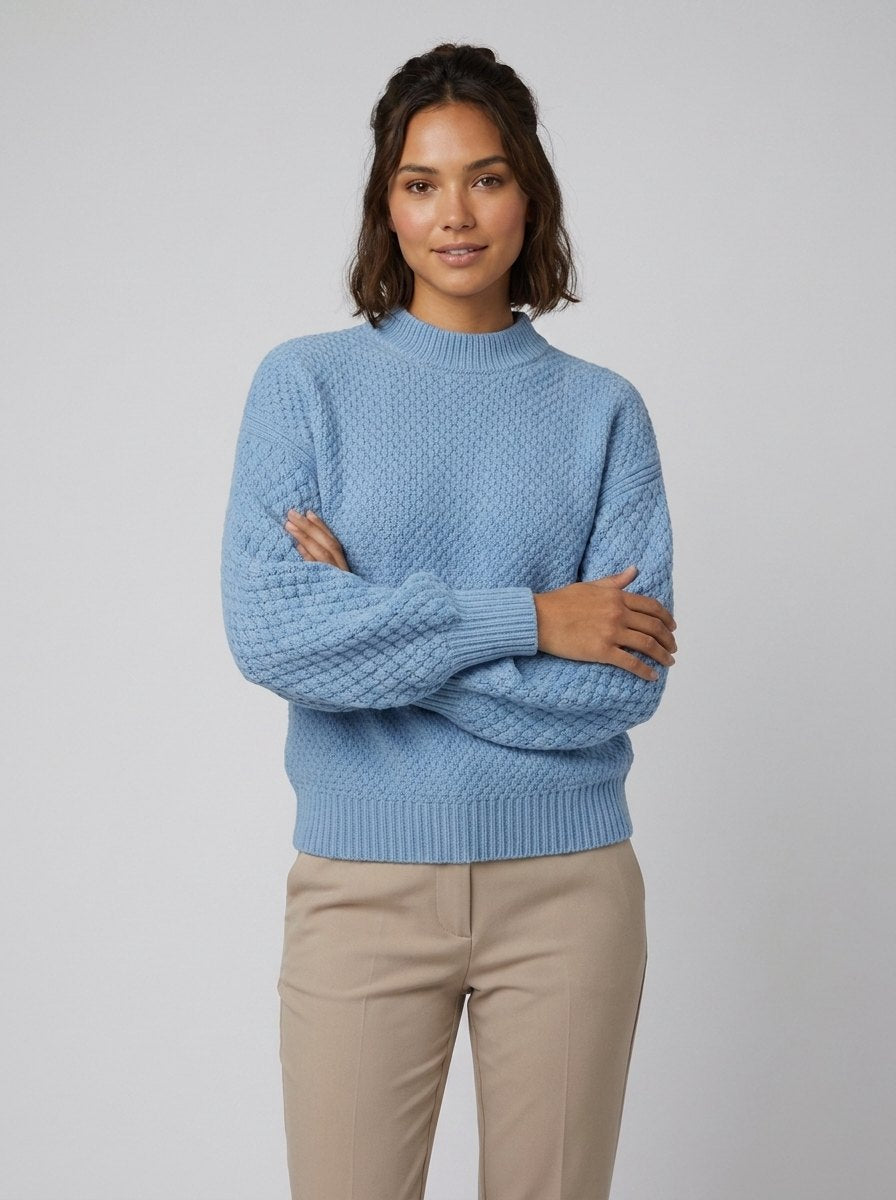 Ella cozy knit sweater light blue on model