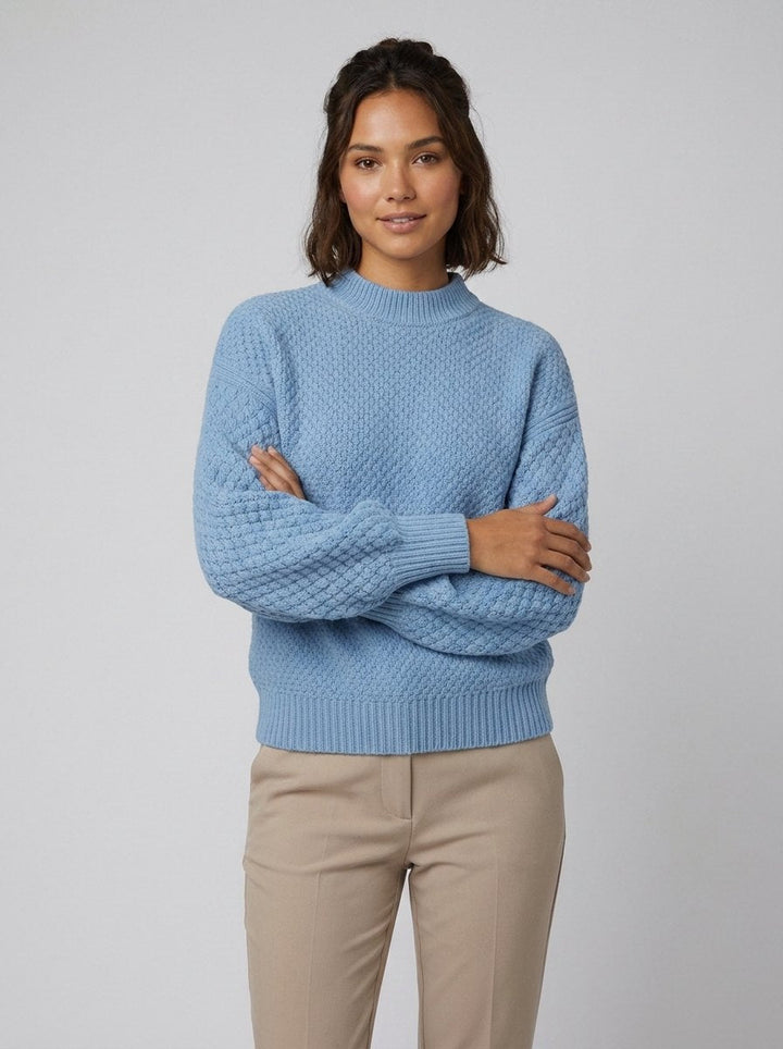 Ella cozy knit sweater light blue on model