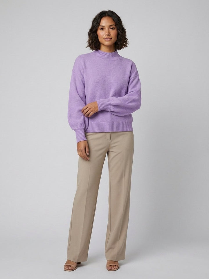 Ella cozy knit sweater lavender purple on model