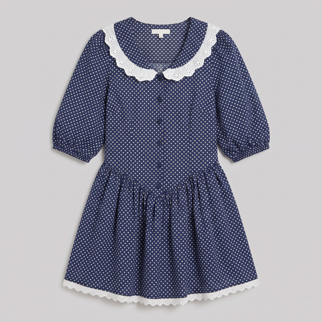 Ellen lace collar puff sleeve mini dress in navy, flat-lay product shot