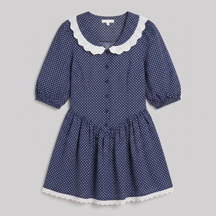 Ellen lace collar puff sleeve mini dress in navy, flat-lay product shot