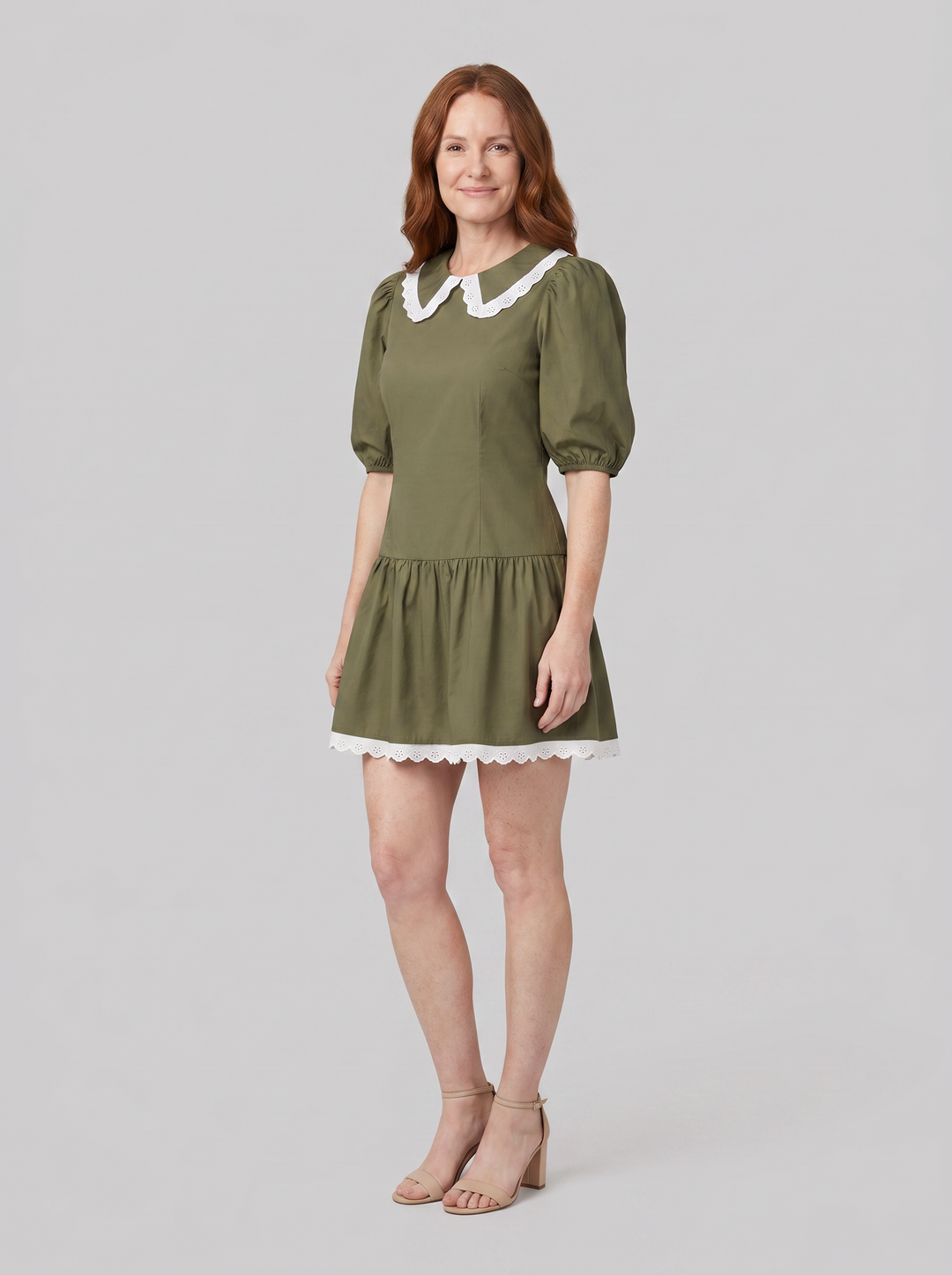 Ellen lace collar puff sleeve mini dress in olive, front view