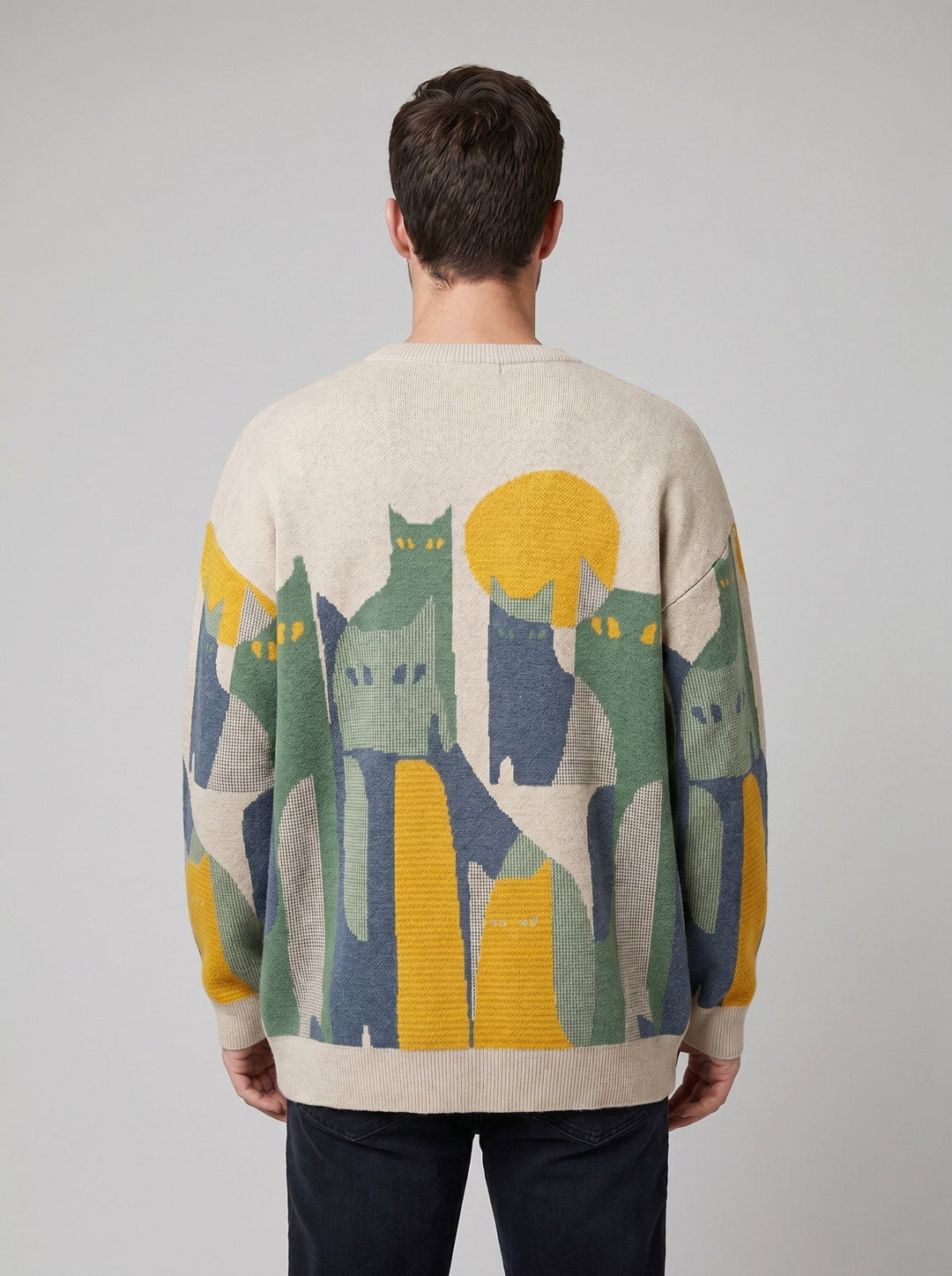 Elora men's cat-jacquard crewneck sweater back view