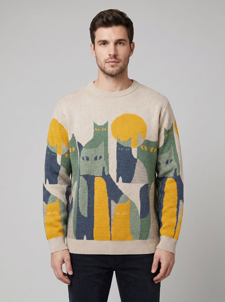Elora men's cat-jacquard crewneck sweater beige front