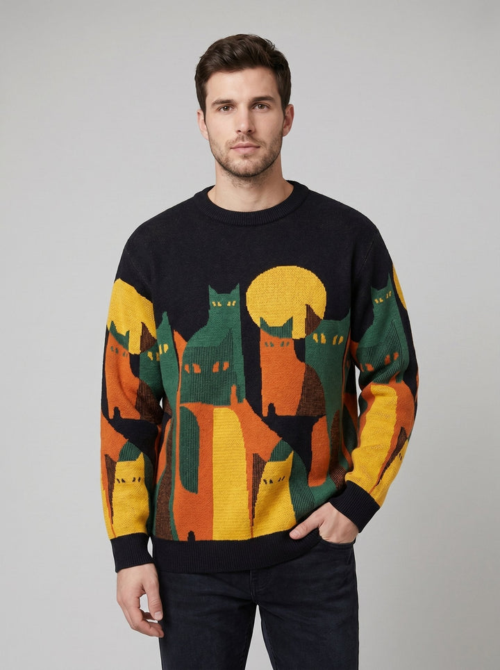 Elora men's cat-jacquard crewneck sweater black front