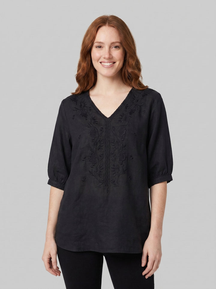 Eloria embroidered linen blouse black front