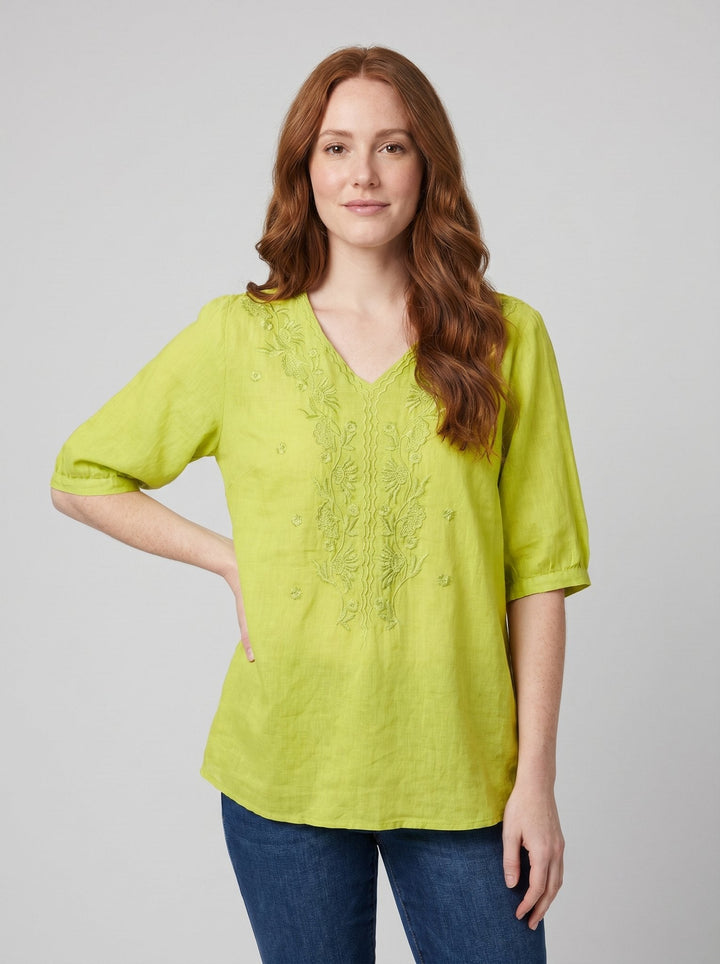 Eloria embroidered linen blouse lime front