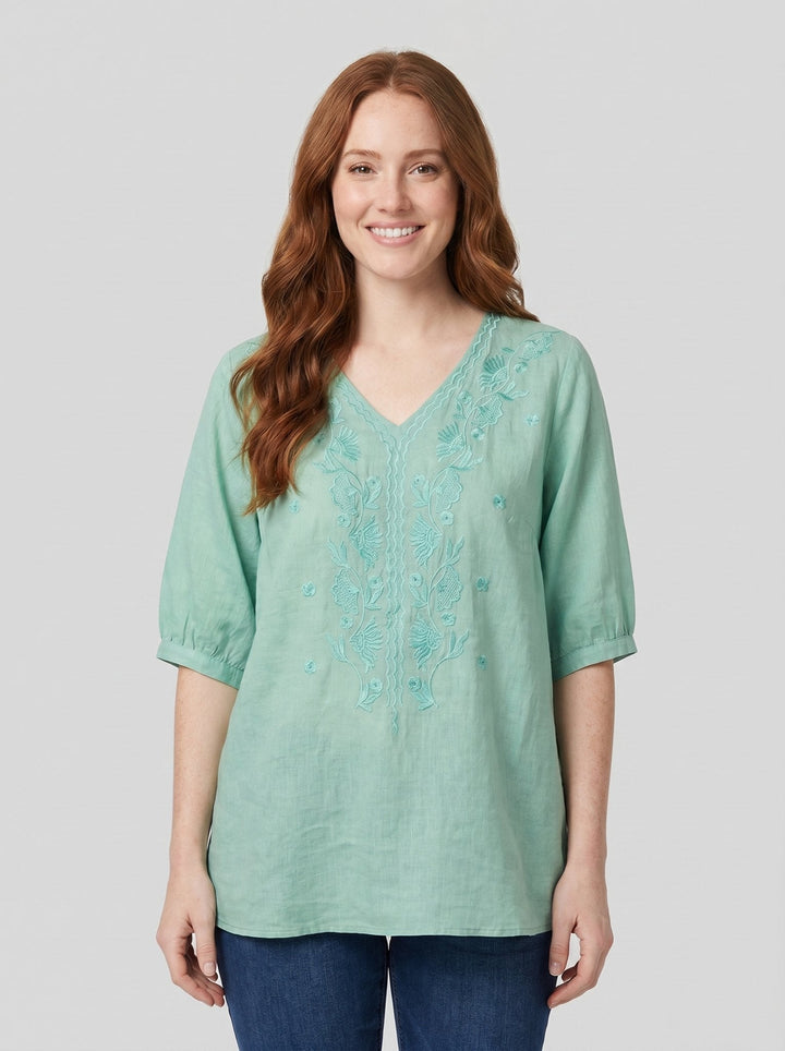 Eloria embroidered linen blouse mint front