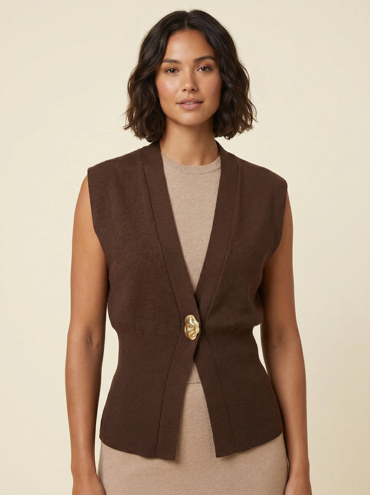 Elsa knit gilet brown front on model