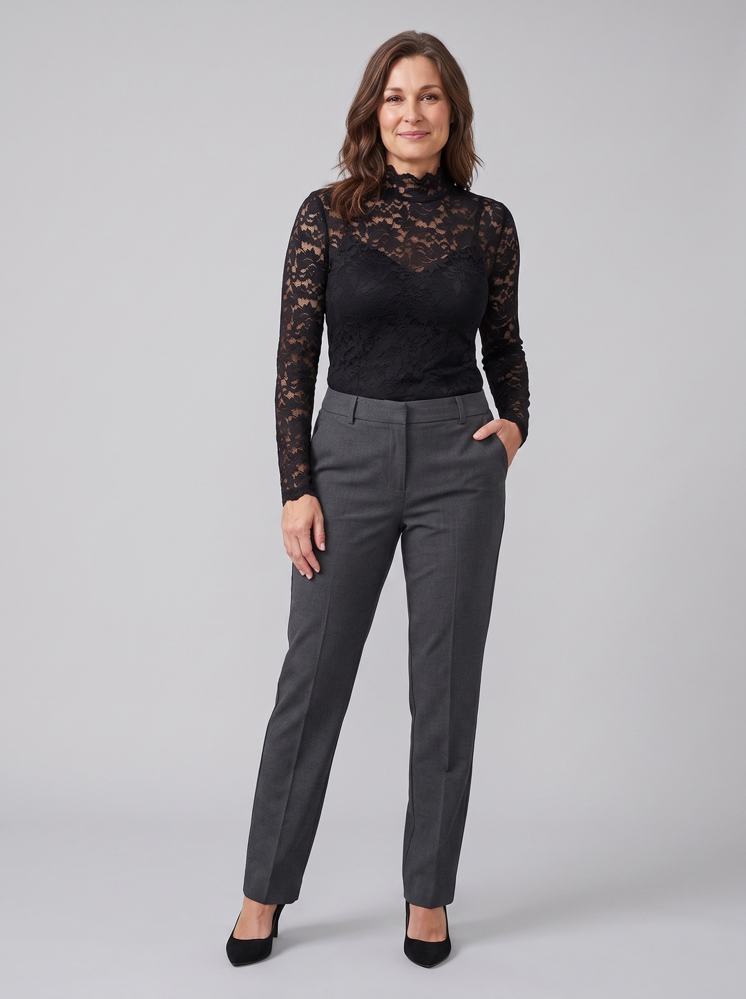 Elsbeth floral lace high-neck blouse black on model