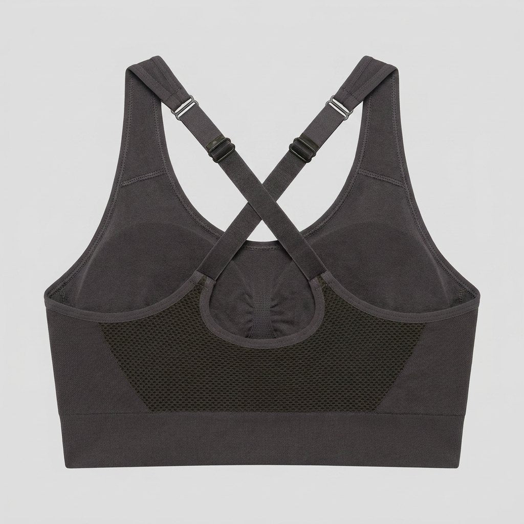 Elysia Sports Bra charcoal cross-back mesh flat-lay