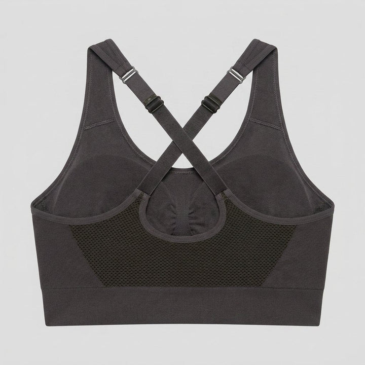 Elysia Sports Bra charcoal cross-back mesh flat-lay