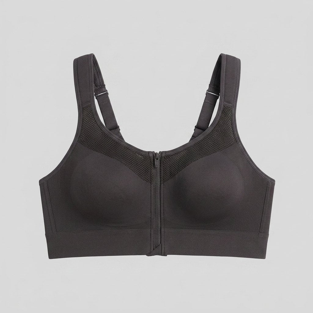 Elysia Sports Bra charcoal front zipper flat-lay
