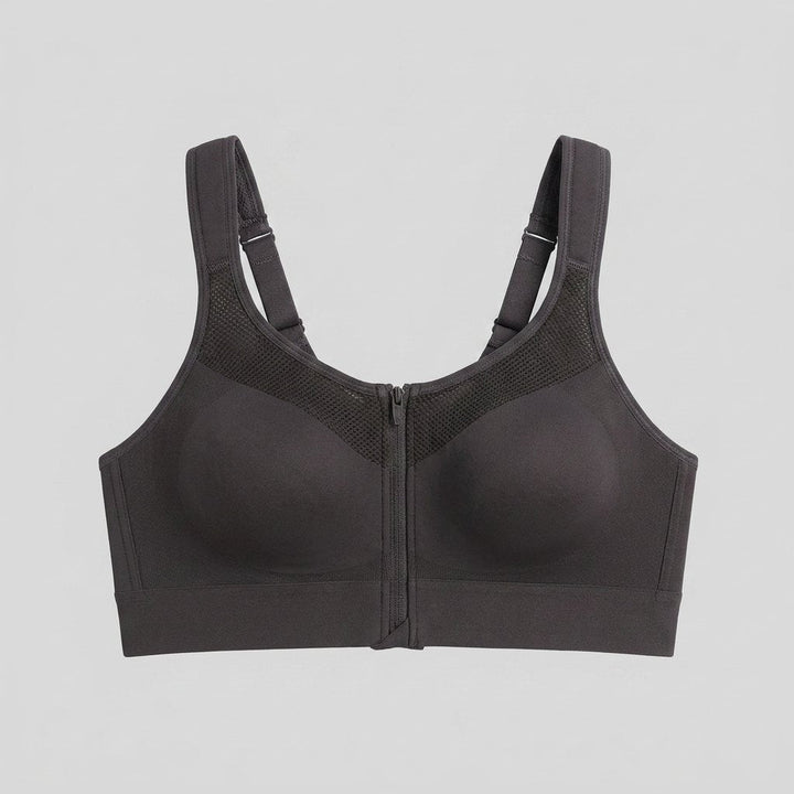 Elysia Sports Bra charcoal front zipper flat-lay