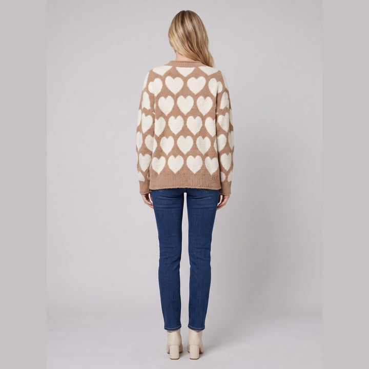 Camel heart pattern jumper, back view on model