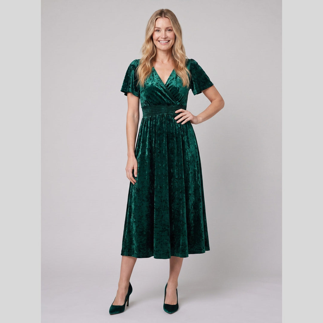 Dark green velvet V-neck short sleeve midi dress - The store Vancouver