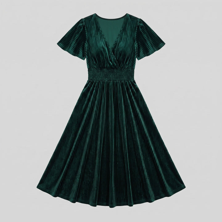 Dark green velvet midi dress flat lay product photo - The store Vancouver