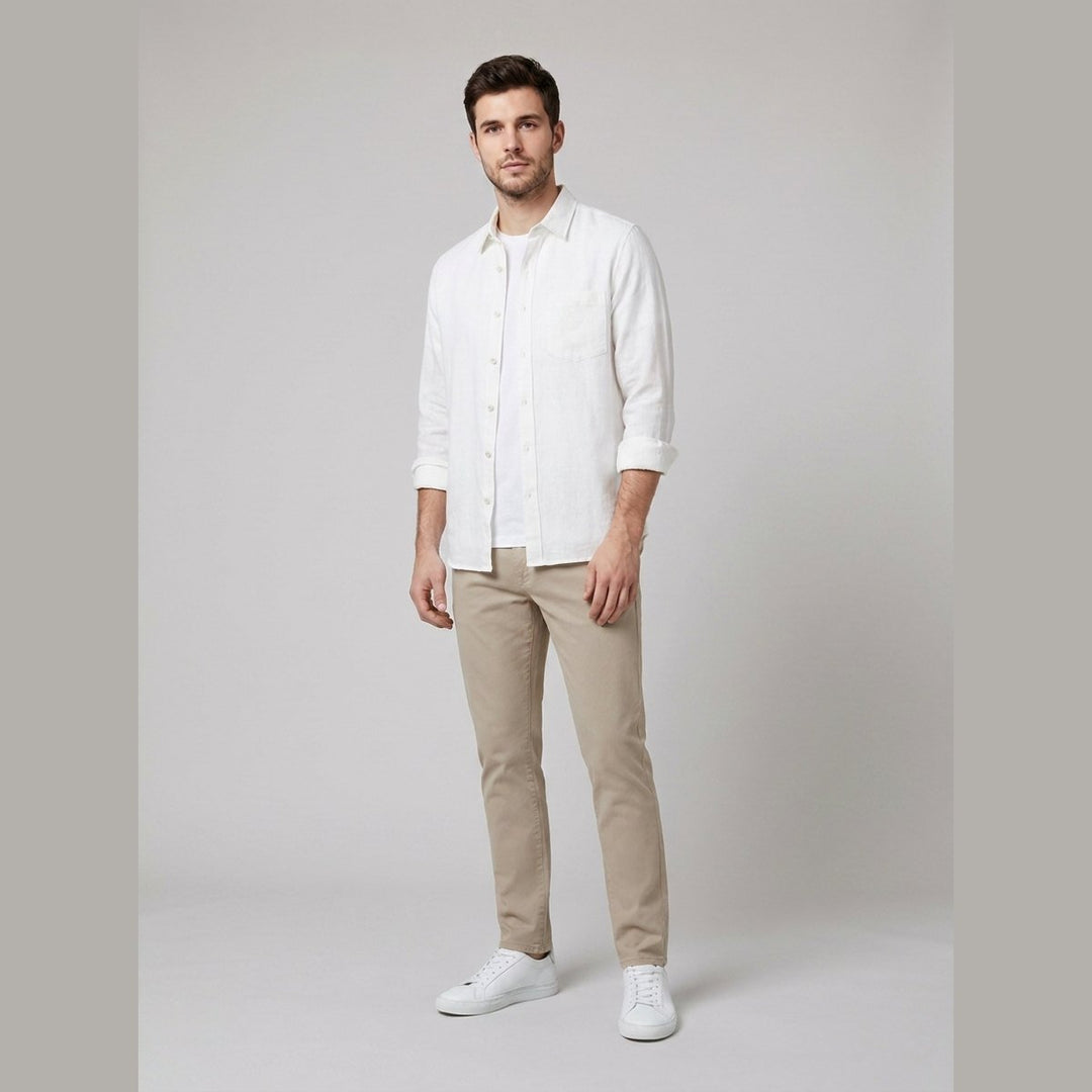 Emile cloud white cotton-linen button-up shirt on male model