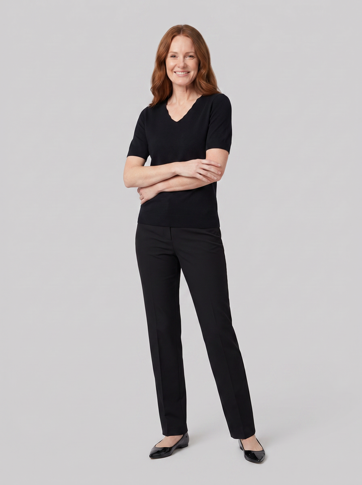Eulalie wool-blend V-neck knit top in black, worn on model