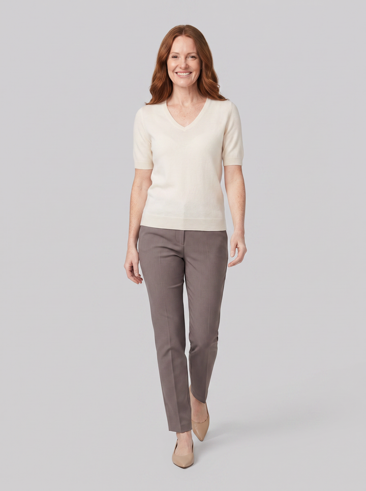 Eulalie wool-blend V-neck knit top in ivory, worn on model