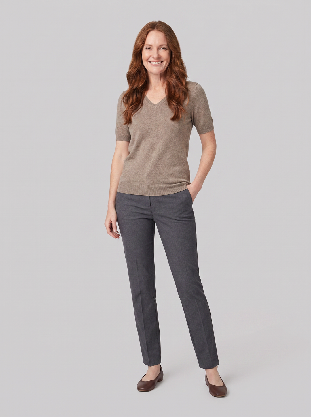 Eulalie wool-blend V-neck knit top in khaki, worn on model
