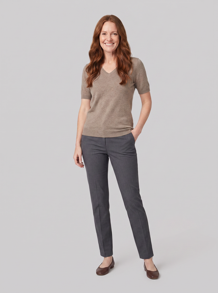 Eulalie wool-blend V-neck knit top in khaki, worn on model