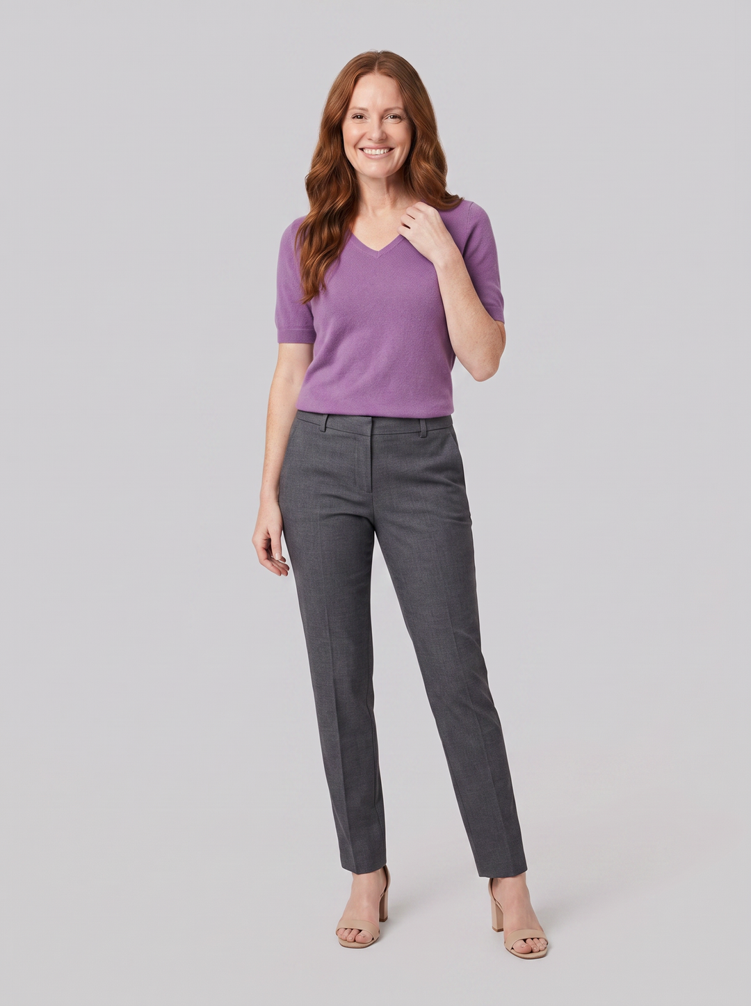 Eulalie wool-blend V-neck knit top in purple, worn on model