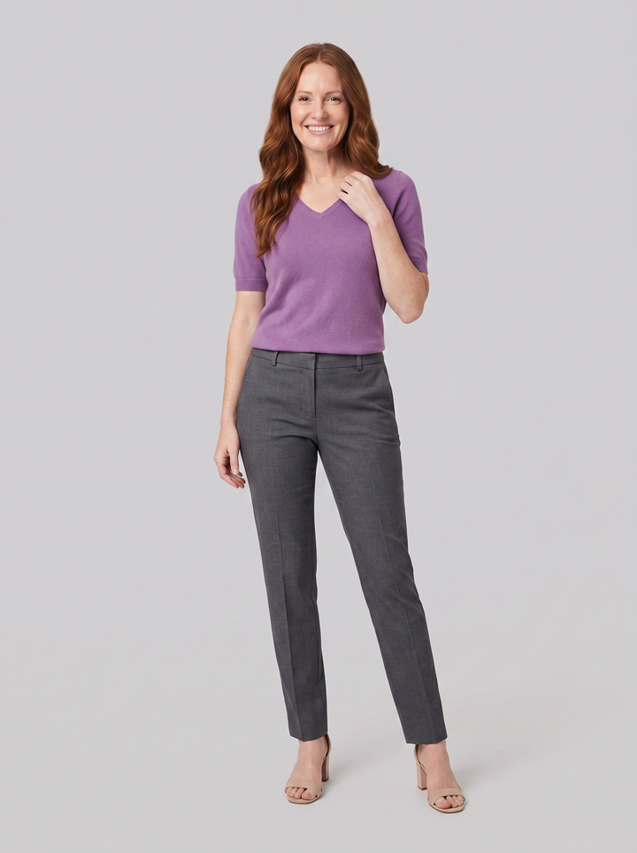 Eulalie wool-blend V-neck knit top in purple, worn on model