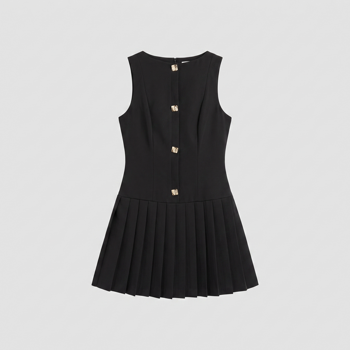 Evangeline black pleated button mini dress product flat lay