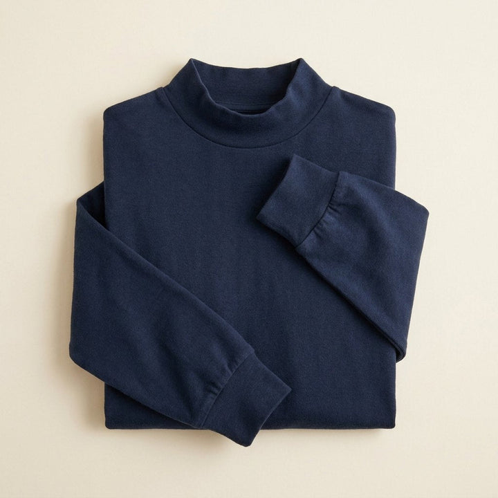 Everett navy mock-neck long-sleeve tee, flat lay