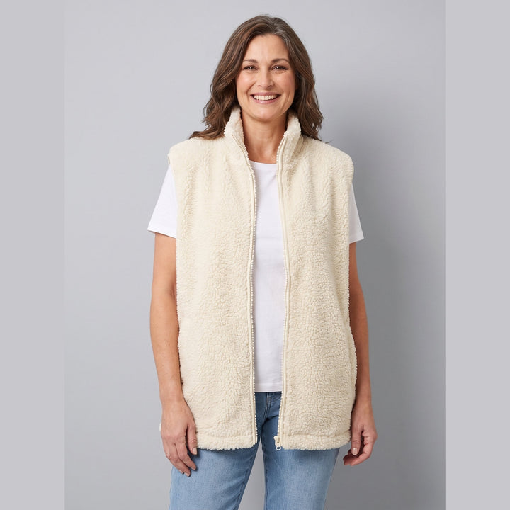 Faustine sherpa fleece vest in cream white, front view